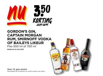 Jumbo GORDON'S GIN, CAPTAIN MORGAN RUM, SMIRNOFF VODKA OF BAILEYS LIKEUR aanbieding