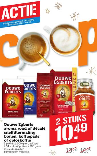 Coop Douwe Egberts aroma rood of décafé snelfiltermaling, bonen, koffiepads of oploskoffie aanbieding