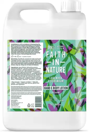 De Online Drogist Faith in nature hand & body lotion lavendel & geranium navulverpakking 5lt aanbieding