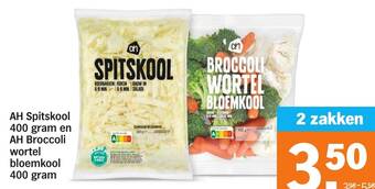 Albert Heijn AH Spitskool 400 gram en AH Broccoli wortel bloemkool 400 gram aanbieding