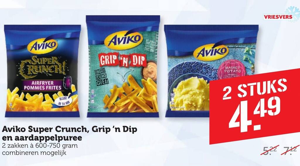 Aviko Super Crunch, Grip 'n Dip en aardappelpuree aanbieding bij Coop