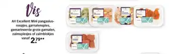 Albert Heijn AH Excellent Mini pangasius-reepjes, garnalenspies, gemarineerde grote garnalen, zalmspiesjes of zalmblokjes aanbieding