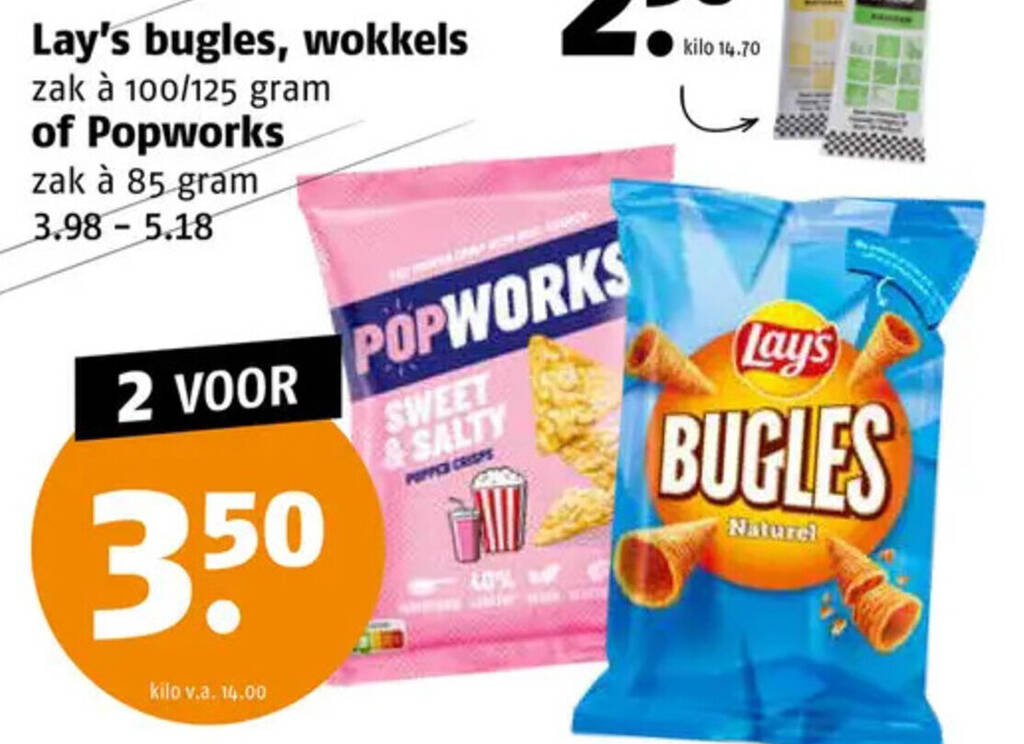 Lay's bugles, wokkels zak à 100/125 gram of Popworks aanbieding bij Poiesz
