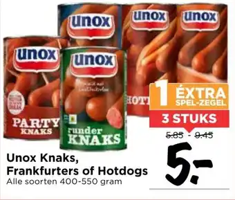 Vomar Voordeelmarkt Unox knaks, frankfurters of hotdogs 400-550 gram aanbieding