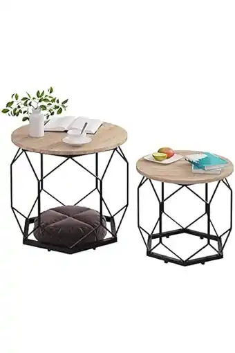 Amazon Woltu bts05hei salontafel, 2-delige set, bijzettafel met rond tafelblad, koffietafel met hol metalen frame, woonkamertafel me aanbieding