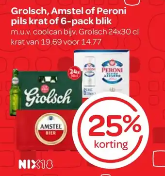 Spar Grolsch, Amstel of Peroni pils krat of 6-pack blik aanbieding