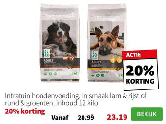Intratuin Intratuin hondenvoeding. in smaak lam & rijst of rund & groenten, inhoud 12 kilo aanbieding
