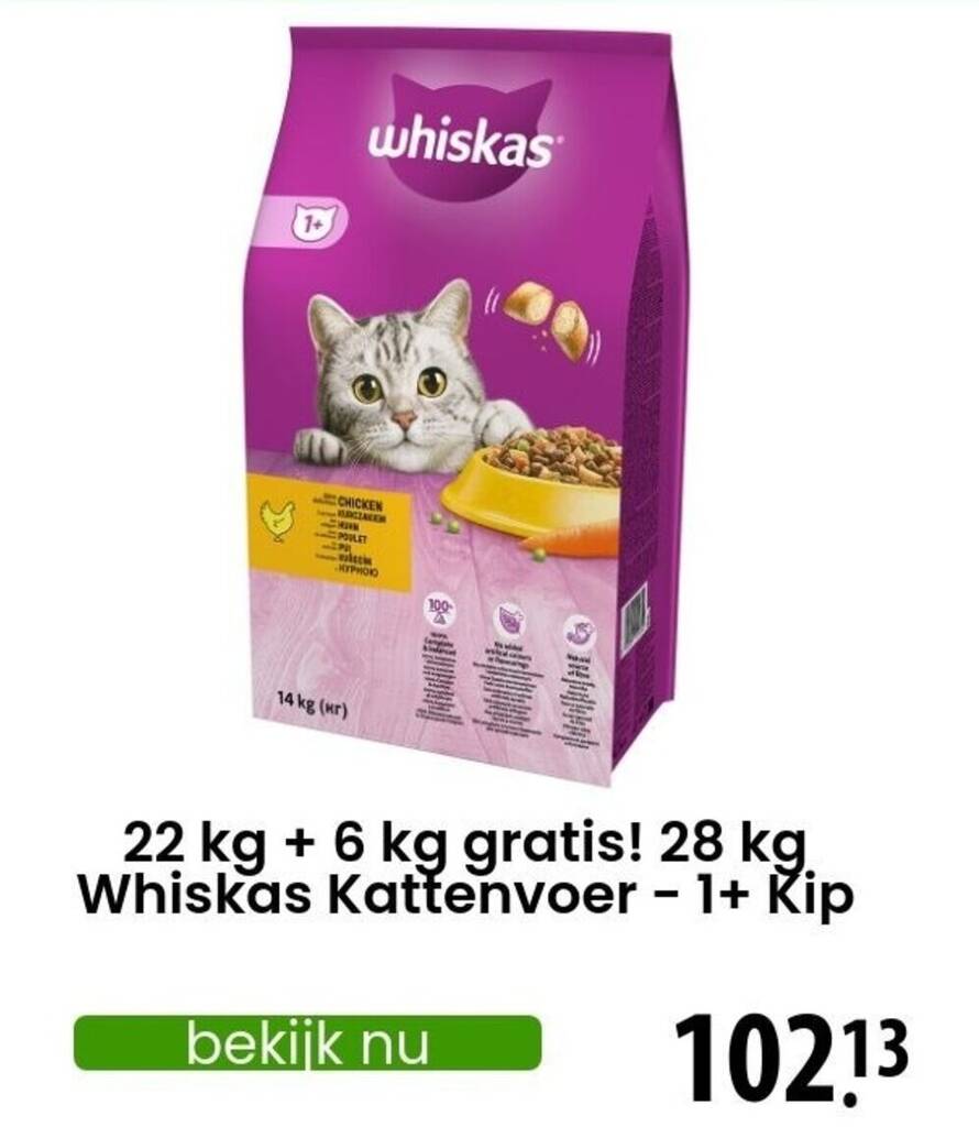 28 kg Whiskas Kattenvoer 1+ Kip aanbieding bij Zooplus