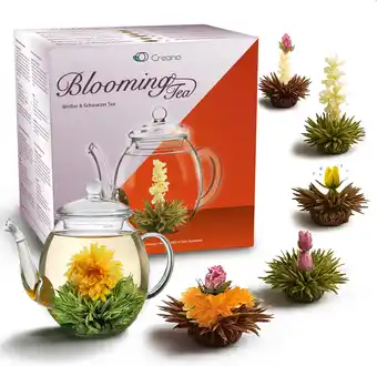 Amazon Creano theebloemen mix - cadeauset erblühtee met glazen kan 500ml witte thee & zwarte thee met 6 theeballetjes elk 3x witte & aanbieding