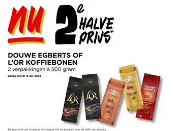 Jumbo Douwe egberts of l'or koffiebonen 2 verpakkingen à 500 gram aanbieding