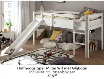 Baby & Tiener Halfhoogslaper milan wit met glijbaan inclusief rol lattenbodem 308.99 aanbieding