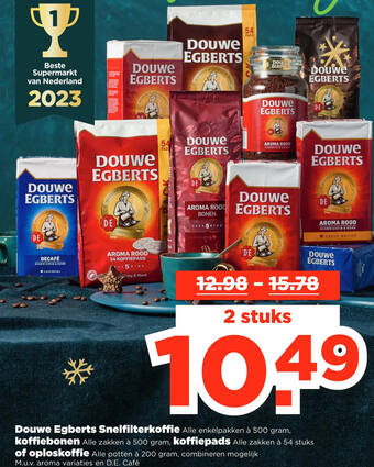 PLUS Douwe Egberts Snelfilterkoffie 500 gram, koffiebonen à 500 gram, koffiepads à 54 stuks of oploskoffie à 200 gram aanbieding