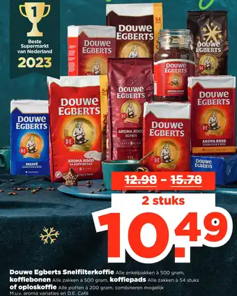 PLUS Douwe Egberts Snelfilterkoffie 500 gram, koffiebonen à 500 gram, koffiepads à 54 stuks of oploskoffie à 200 gram aanbieding