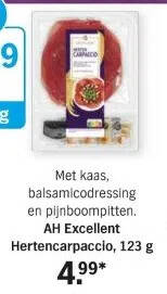 Albert Heijn Met kaas, balsamicodressing en pijnboompitten. ah excellent ah carpaccio hertencarpaccio, 123 g aanbieding
