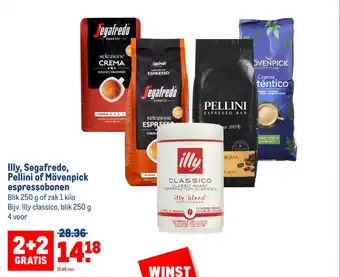 Makro Illy, Segafredo, Pellini of Mövenpick espressobonen aanbieding