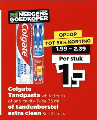 PLUS Colgate tandpasta white teeth of anti cavity tube 75 ml of tandenborstel extra clean set 2 stuks aanbieding