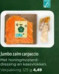 Jumbo Jumbo zalm carpaccio met honingmosterddressing en kaasvlokken. verpakking 125 g 4,49 aanbieding