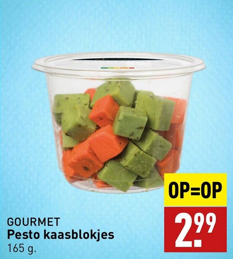 GOURMET Pesto kaasblokjes 165 g. aanbieding bij ALDI