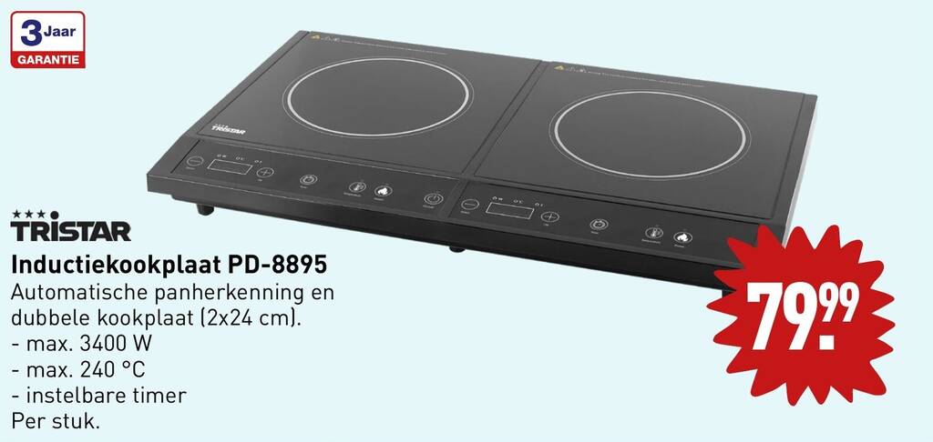 Tristar Dubbele Inductiekookplaat, ⌀19 en ⌀16 cm, 10 vermogensstanden, 3500 W, energiezuinig, geïntegreerde timer, met oververhittingsbeveiliging, IK-6162