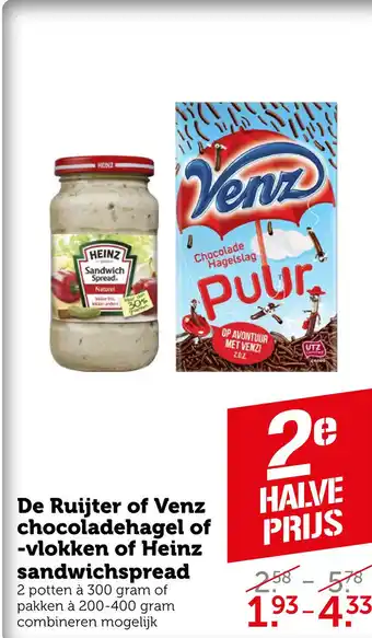 Coop De Ruijter of Venz chocoladehagel of -vlokken of Heinz sandwichspread aanbieding