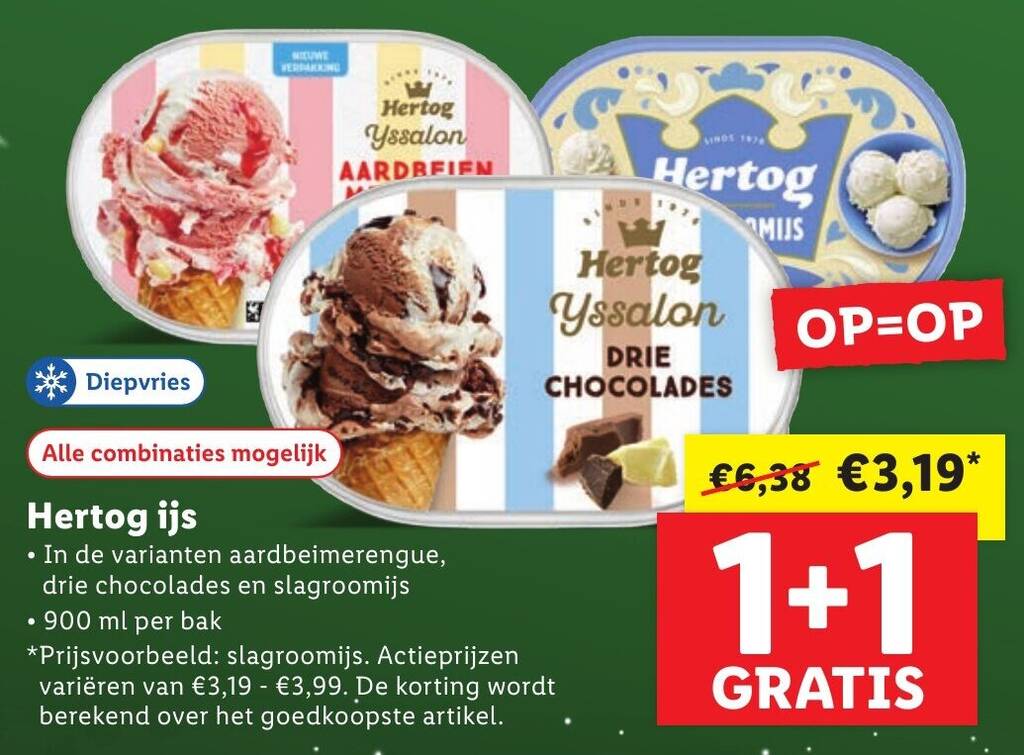 Hertog ijs 1+1 gratis aanbieding bij Lidl