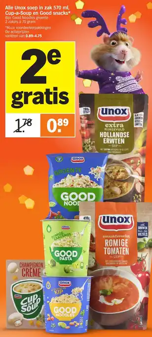 Albert Heijn Alle Unox soep in zak 570 ml, Cup-a-Soup en Good snacks aanbieding