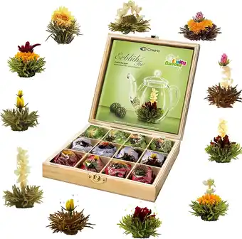 Amazon Creano cadeauset met theebloemen in een houten doos voor witte, groene en zwarte thee | 12 theebloemen en 11 verschillende so aanbieding