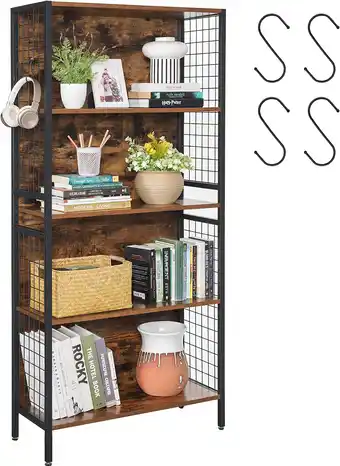 Amazon Vasagle boekenplank, kantoorplank, keukenplank, vloerplank met 4 planken, 4 s-haken, voor kantoor, woonkamer, studeerkamer, s aanbieding