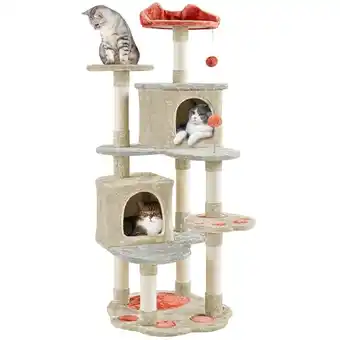 Amazon Yaheetech krabpaal, pootvorm, kattenboom, hoogte 145,5 cm, 5-traps kattenkrabpaal met kattenholletjes, uitzichtplatform, krab aanbieding