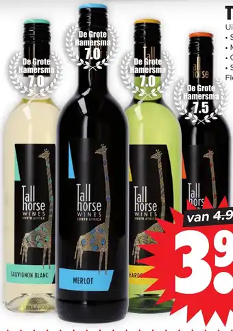 Dirk Tall horse Uit Zuid Afrika Shiraz merlot Chardonnay Sauvignon blanc fles 75 cl aanbieding