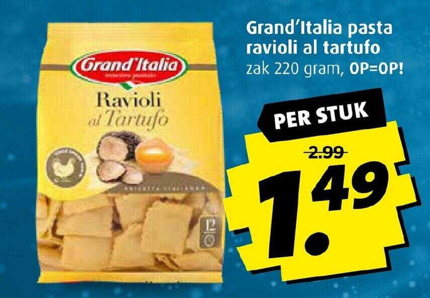 Grand'Italia pasta ravioli al tartufo zak 220 gram aanbieding bij Boni