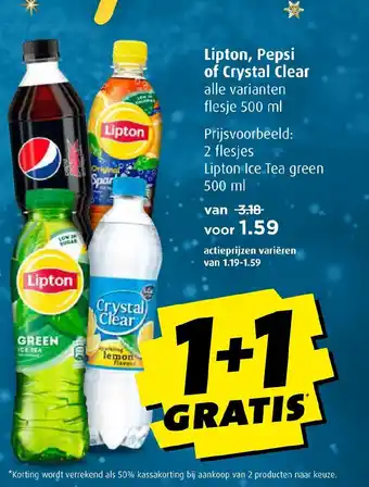 Boni Lipton, Pepsi of Crystal Clear alle varianten flesje 500 ml aanbieding