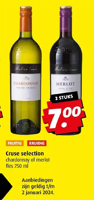 Boni Cruse selection chardonnay of merlot fles 750 ml aanbieding