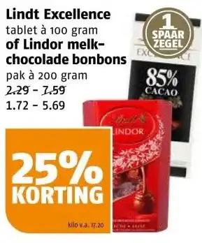 Poiesz Lindt excellence  of lindor melkchocolade bonbons aanbieding