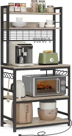 Amazon Vasagle keukenrek, staand rek met stopcontacten, magnetronrek, met roosterplaat, 14 haken, 40 x 80 x 170 cm, greige-zwart kks aanbieding
