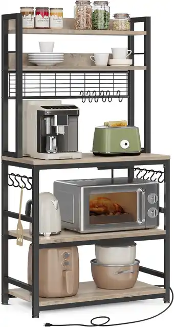 Amazon Vasagle keukenrek, staand rek met stopcontacten, magnetronrek, met roosterplaat, 14 haken, 40 x 80 x 170 cm, greige-zwart kks aanbieding