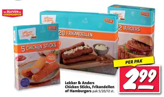 Nettorama Lekker & anders chicken sticks, frikandellen of hamburgers pak 5/20/12 st. aanbieding