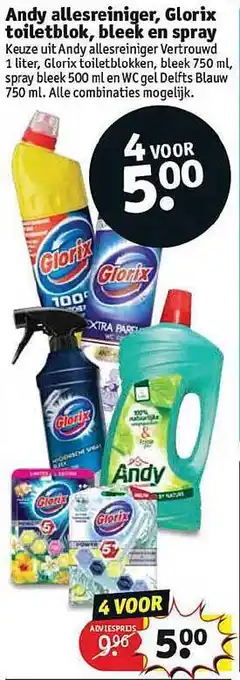 Kruidvat Andy allesreiniger, Glorix toiletblok, bleek en spray 1L aanbieding