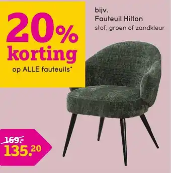 Leen Bakker Fauteuil Hilton stof groen of zandkleur aanbieding