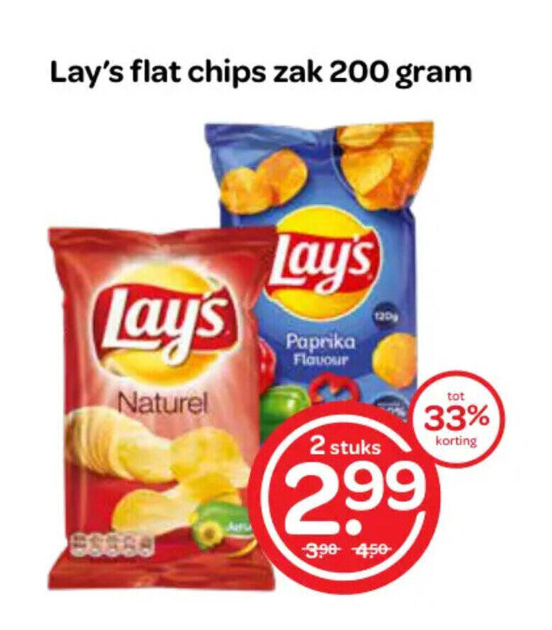 Lay's flat chips zak 200 gram aanbieding bij Spar