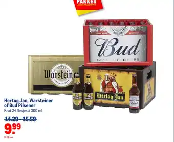 Makro Hertog Jan, Warsteiner of Bud Pilsener Krat 24 flesjes à 300 ml aanbieding