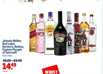 Makro Johnnie Walker Red Label, Gordon's, Baileys, Captain Morgan of Smirnoff Fles 1 liter aanbieding