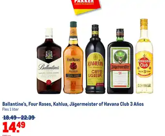 Makro Ballantine's, four roses, kahlua, jägermeister of havana club 3 años aanbieding