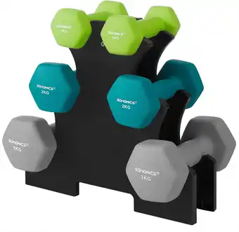 Amazon Songmics halters, halterset, zeshoek, met halterstandaard, 2 x 1 kg, 2 x 2 kg, 2 x 3 kg, vinyl-coating, krachttraining aanbieding