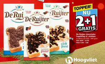 Hoogvliet De Ruijter chocolade-hagelslag of -vlokken 3 pakken van 200 - 390 gram aanbieding