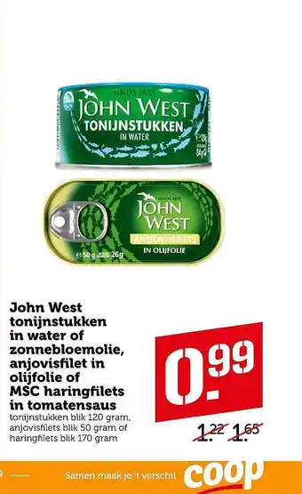 Coop John West tonijnstukken in water of zonnebloemolie enjovisfilets in tomatensaus aanbieding