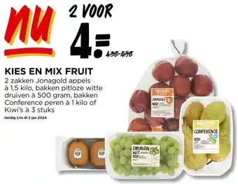 Jumbo Kies en mix fruit 2 zakken jonagold appels à 1,5 kilo, bakken pitloze witte druiven à 500 gram, bakken conference peren à 1 k aanbieding