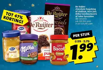 Boni De ruijter chocolade hagelslag of vlokken, hero jam, milka hazelnootpasta of lotus speculoos aanbieding