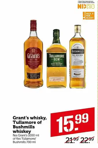 Coop Grant's whisky, Tullamore of Bushmills whiskey 1000ml aanbieding