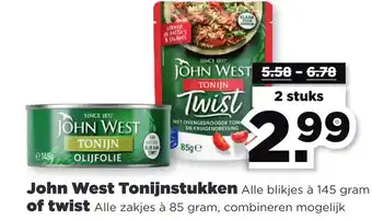 PLUS John west tonijnstukken alle blikjes à 145 gram of twist alle zakjes à 85 gram, combineren mogelijk aanbieding